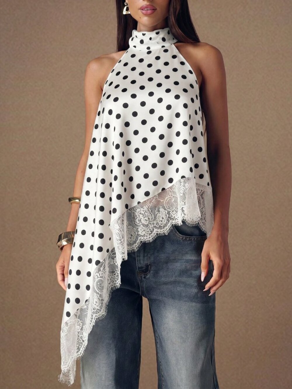 White Casual Women's Polka Dot Lace Asymmetric Halter Backless Sleeveless Top